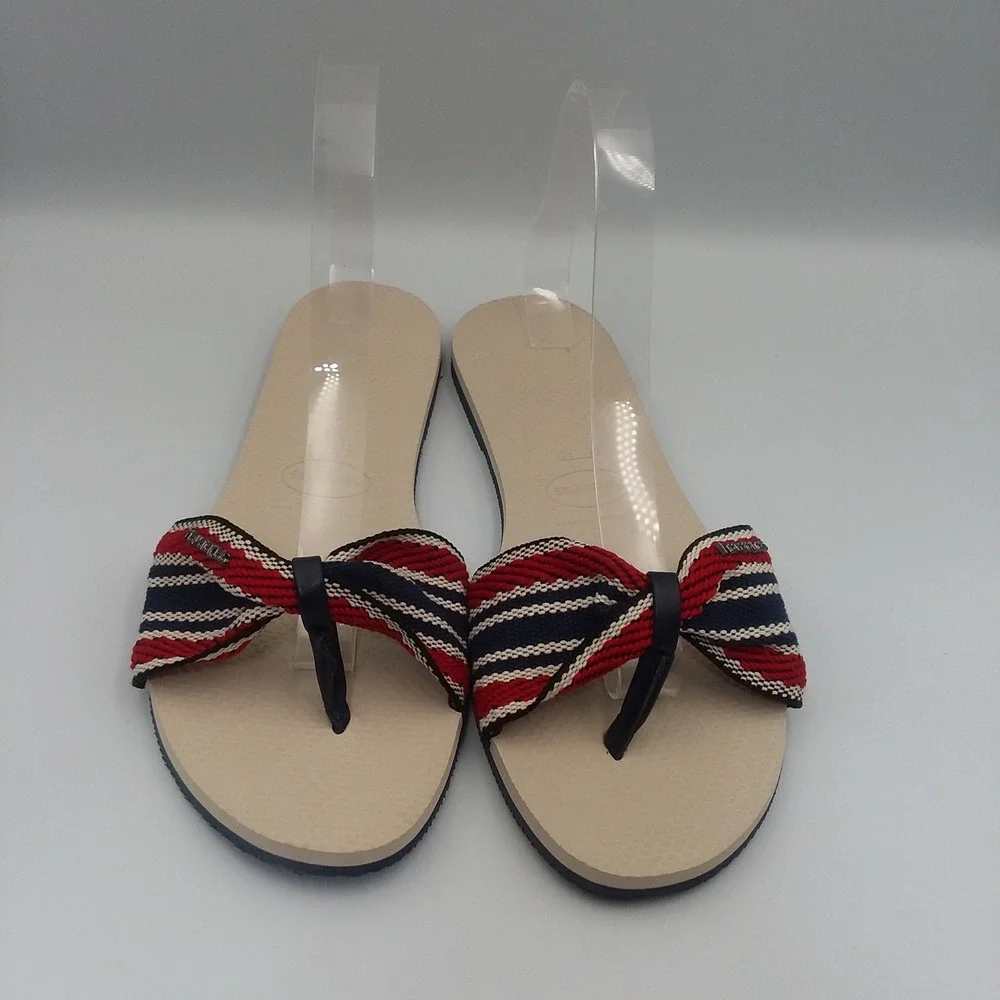 Havaianas Bow Flip Flops Thong‎ Sandals Striped Red Blue Beige Women's US11 EU43